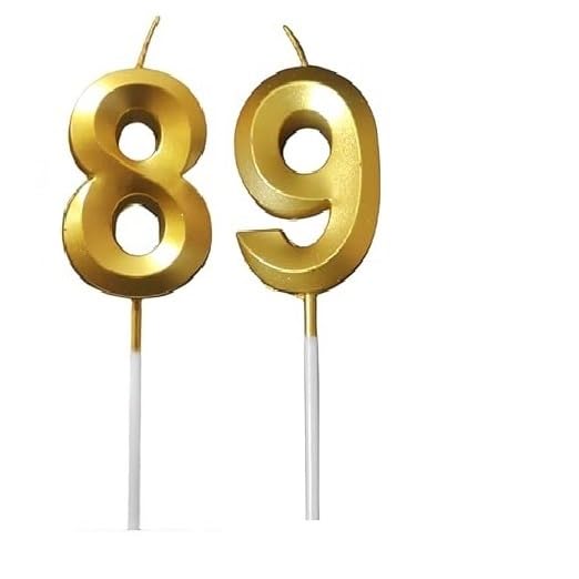 Image of ToyUniverse Number 89 Gold Candle | Eighty Nine Number Candle | Number 89 Metallic Gold Candle for Eigthy Ninth Birthday,Anniversary, Surprise Party Cake Decoration Candle (Pack of 2,Number 89)