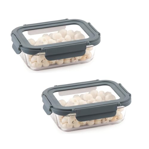 ATTRO Glassox Borosilicate Rectangular Glass Lunch Box with Tempered Glass Lid Food Storage Container Microwave & Freezer Safe Leak-Proof 370ml Set of 2