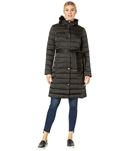 Kenneth Cole New York Matte Satin Belted Puffer w/Faux Fur Trim Black 1 XL