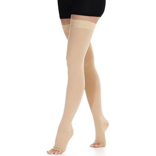LAXDAMRE Compression Socks for Women 23-32 mmHg Thigh High Compression Stockings Firm Support with Dot Silicone Band Open Toe Socks for Varicose Veins Swelling and Circulation (XL)