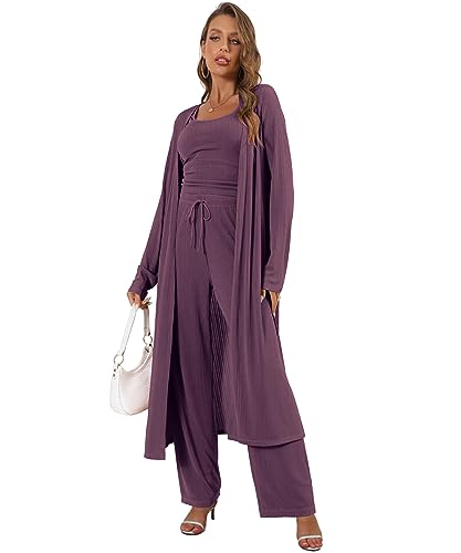 Image of 3 Piece Lounge Sets for Women Airport Travel Outfit | Long Cardigan,Tank Top ,Wide Leg Pants with Pockets,Comfy Loungewear,Casual Chic, Airplane Clothing,Vacation Matching Set
