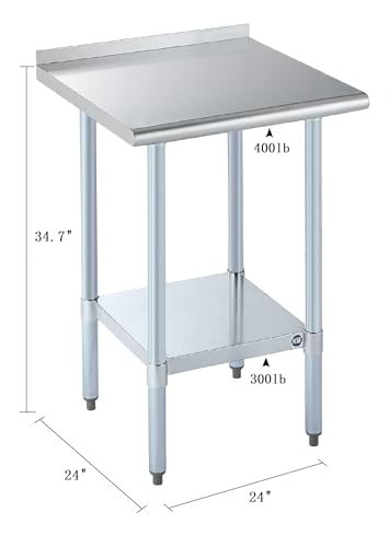 Image of ROCKPOINT Stainless Steel Table for Prep & Work with Backsplash 24x24 Inches, NSF Metal Commercial Kitchen Heavy Duty Table with Adjustable Under Shelf and Table Foot for Restaurant, Home and Hotel