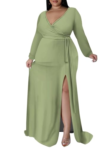 Image of PinkPatty Women's Plus Size Long Sleeve Maxi Dress Casual V Neck Slit Tie Waist Wrap Dresses for Party Cocktail