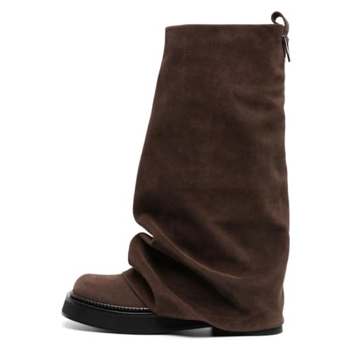 Platform Mid-Low Heel Calf Boots for Women - Round Toe Cowgirl Pull-On Chunky Booties for Wide Calf