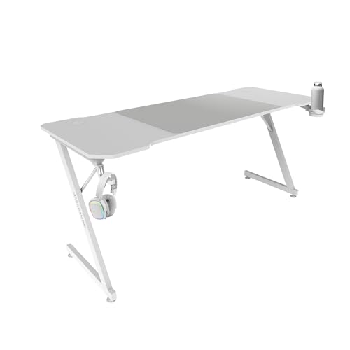 Mars Gaming MGD-X160, Mesa Gaming Ergonómica, Superficie en Fibra de Carbono, Estructura Metálica, Alfombrilla XXL, Soporte Auriculares y Bebida, Gestión Cableado, Escritorio Gaming 160x60cm, Blanco