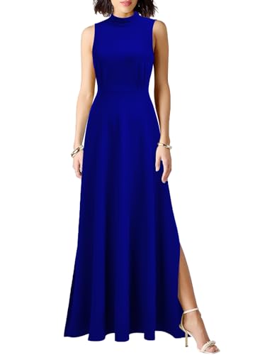Image of WOOSEA Women Sleeveless High Neck Split Evening Cocktail A-Line Long Dress Royal Blue