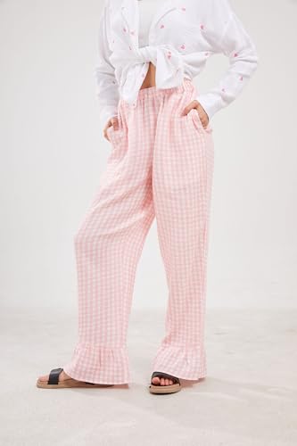 Image of codcm Womens Gingham Pants Wide Leg Lounge Pants Y2k Plaid Print Ruffle Hem Loose Trouser