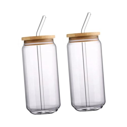 lurrose 2セット 透明缶形ガラスカップ 蓋ストロー付き 耐熱耐冷 飲み物用水容器 ミルク紅茶コーヒー対応 多用途飲料タンブラー 再利用可能