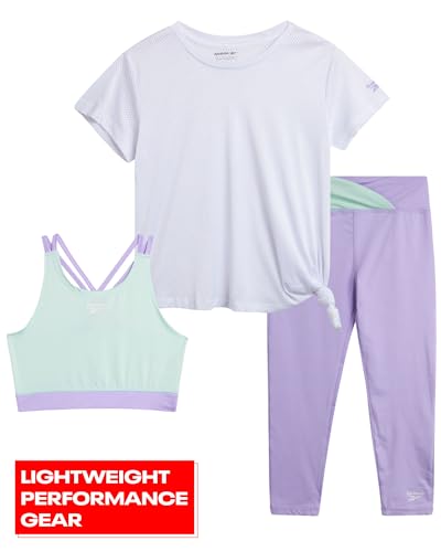 Reebok Conjunto de leggings esportivas para meninas – Camisa de malha de 3 peças, leggings capri e s