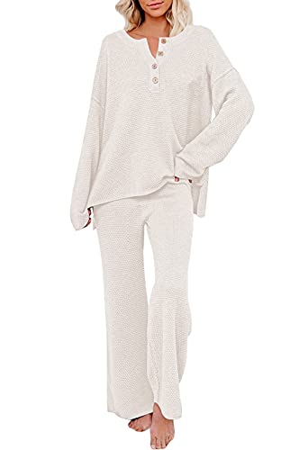 Viottiset Women's 2 Piece Outfits Knit Sweater Set Long Sleeve Button Top Wide Leg Pants Sweatsuit Beige Medium #TOP6