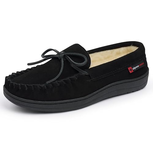 Image of Alpine Swiss Sabine Womens Moccasin Slippers Genuine Suede House Shoe Memory Foam Insole Plush Faux Shearling Fur Indoor Outdoor Anti-Slip Rubber Sole