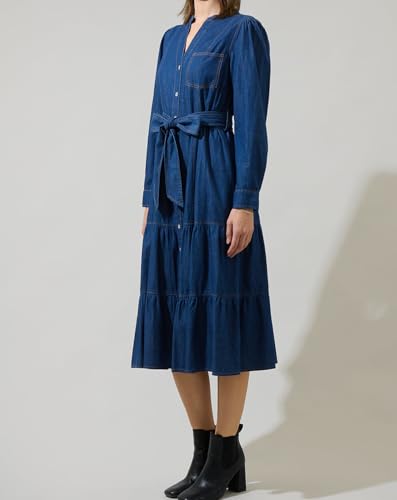 Women Casual Long Denim Dress Babydoll Ruffle Long Sleeve Button Down Jean Shirt Midi Dresses with Belt4