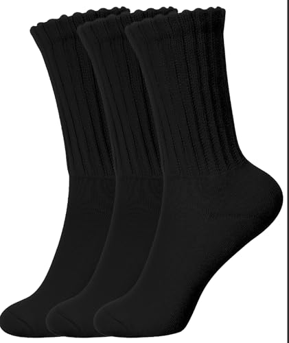 Scrunch Crew Socks Women 3 Pack Padded Cotton Slouch Socks Retro Ribbed Thick Mid Calf Socks Size 9-112