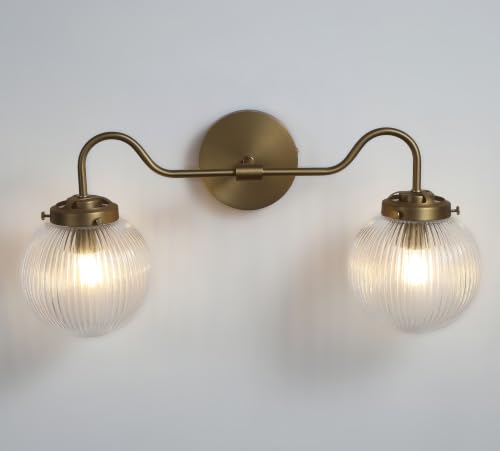 Image of 20 Inch Brushed Gold Vanity Light 2 Light Heavy Ribbed Glass Globe Brass Bathroom Light Fixture (Bulb Included)