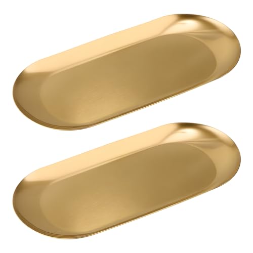 Vaincre Gold Decorative Jewelry Tray - 2PCS Stainless Steel Oval Trinket Ring Holder Dish 7 Small Bathroom Vanity Kitchen Jewelry Plate Tray Decor for Storing Perfumes Cosmetics Candles Key