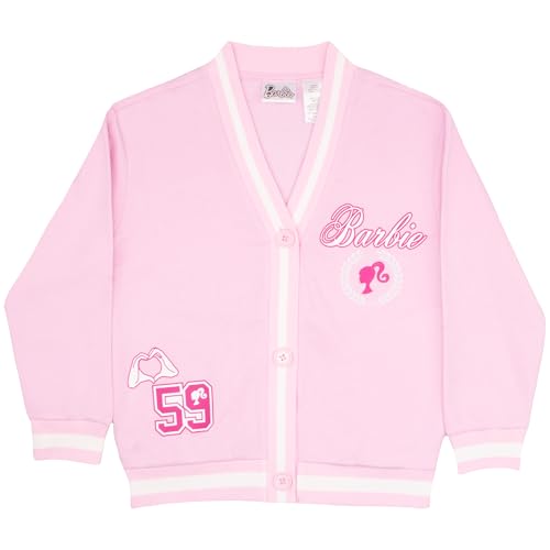 Barbie Girl's V-Neck Button Up Cardigan with Graphic Print and Embroidered Design - Long Sleeve Sweater with Pockets for Kids