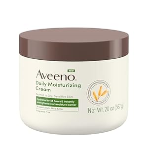 Aveeno Daily Moisturizing Cream with Prebiotic Oat & Shea Butter, Body, Face & Hand Cream for Normal to Dry, Sensitive Skin Hydrates for 48 Hours, Fragrance Free & Non-Comedogenic, 20 Oz