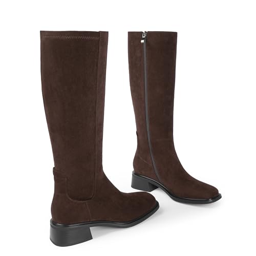 Image of QIY Knee High Boots for Women Low Heel Flat Tall Boots | Stretch Boots, Chunky Heel Womens Boots, Square Toe Heeled Fall Winter Dress Riding Long Boot with Side Zipper