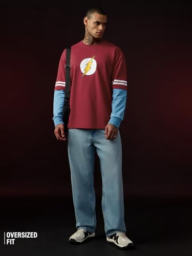 Image of The Souled Store The Big Bang Theory: Sheldon Cooper Men and Boys Long Sleeve Round Neck Red Graphic Printed Casual Lightweight Drop Shoulder Streetwear Trendy Oversized Full Sleeve T-Shirts
