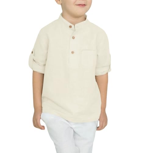 Image of Arshiner Boys Cotton Linen Henley Shirt Button Down Shirt Long Sleeve T Shirt Beach Shirt Tee Casual Solid Tops
