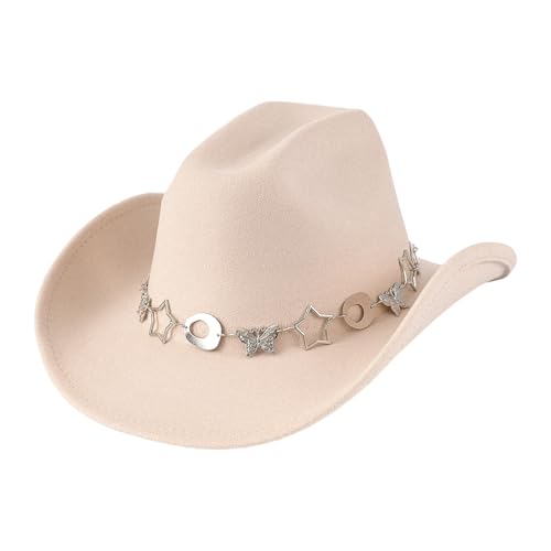 Fashionable Star Butterfly Chain Fedoras Cap for Women Men Western Hat Fashion Accessory for Music Festival Theme Party Music Beige