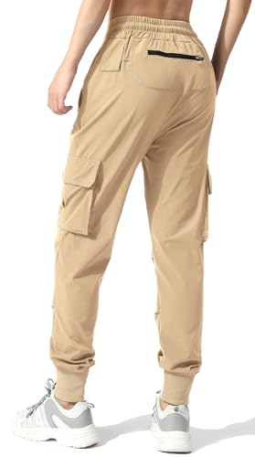 EXEKE Women's Lightweight Hiking Pants Quick Dry Tapered Cargo Joggers Stretch Workout Lounge Pants with Zipper Pockets 292 Khaki-L