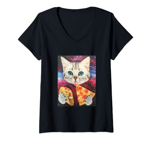 Mujer Space Cat Taco Pizza Galaxy Meme Space Funny Cute Kitty Kitty Kitty Nebulosa Space Cat Camiseta Cuello V