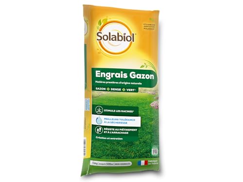 SOLABIOL Engrais Gazon Longue Durée - Sac 15 Kg - Jusqu'à 500m² - Utilisable En Création & En Entretien De Gazon - Résiste Au Piétinement - Gazon Plus Dense & Plus Vert SOGAZY15