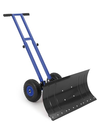 Heavy Duty Rolling Snow Shovel with Wheels 29x14 in Wide Metal Blade 5-Position Angled & Height Adjustable Ergonomic Handle Snow Removal for Driveway Sidewalk Pavement Black & Blue Spec: 36