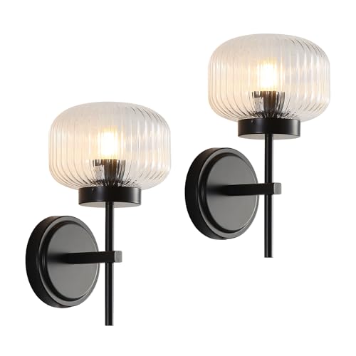 HONGREN Black Wall Sconces Set of Two Upward or Downward Hardwired Wall Light Fixtures with Globe Glass Modern Wall Lights for Living Room Bedroom Mirror Hallway (2 Pack)
