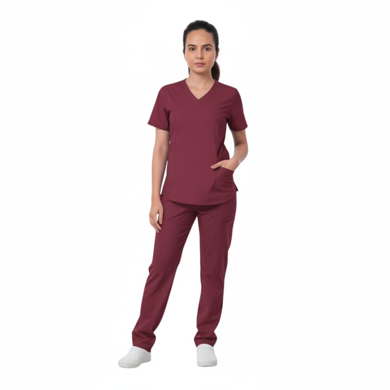 Image of Lite V-Neck 6-Pocket Women's Cotton ScrubSuit | Moisture-Wicking, Anti-Stain & Odor Protection | Classic Fit Top & Pant | All-Day Comfort for Doctors & Students Royal Plum (XS)