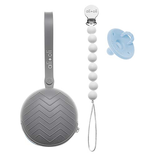 Ali+Oli Pacifier Holder Case (Grey) BPA Free Silicone Keeps Soothies & Binkie Holders Clean - Attaches to Strollers & Diaper Bags (Pacifier & Paci-Clip Included)