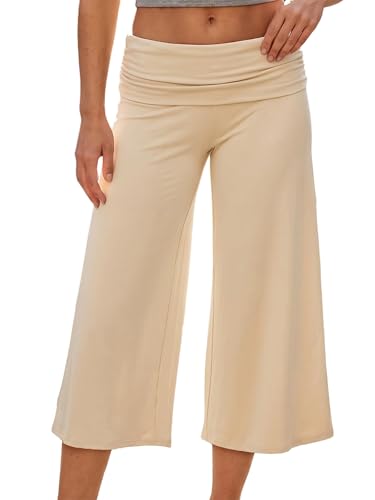 Image of LYSINK Women's Capri Pants Fold Over Waistband Low Rise Solid Color Wide Leg Cropped Lounge Trousers (C1-Ivory White, S)