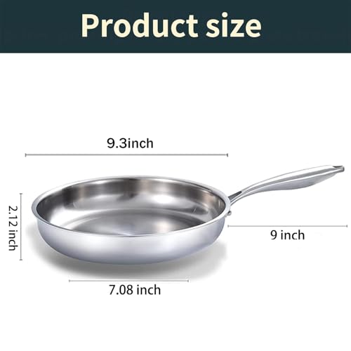 DELARLO Tri-Ply Stainless Steel 9.3 Inch Frying Pan with Lid, 18/10 Stainless Steel Skillet, Heavy Duty, Compatible for Induction, Ceramic, Electric, Gas Cooktops Up to 600℉, Fast & Even Heat