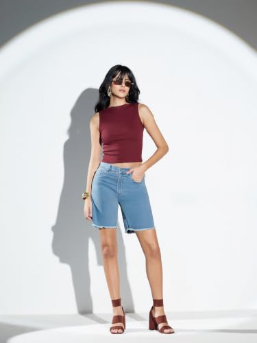 Image of Miss Chase Women's White Regular High Rise Clean Look Regular Stretchable Denim Shorts