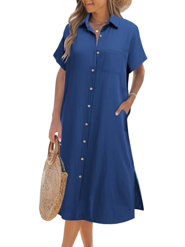 Image of Zeagoo Women Dresses Summer Casual Short Sleeve Button Down Shirt Dresses 2026 Beach Cover Up with Pockets