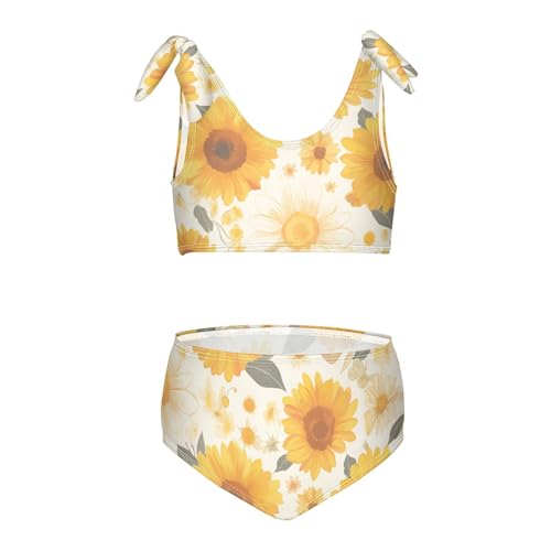 Sunflowers Pattern Artistic Girls' Two Piece Kids Bikini Set Scoop Neck Swimsuit Swimwear Adjustable Shoulder Strap