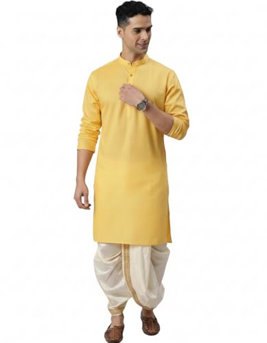 Image of Men Cotton Kurta & Silk Dhoti | Ethnic Wear for Weddings, Festivals & Celebrations (Pack of 1)