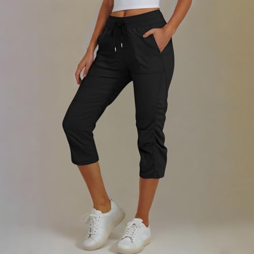 Oplxuo Women Capri Pants Ruched Summer Trendy Casual High Waist Drawstring Cropped Pants Beach Vacation Capris with Pockets2