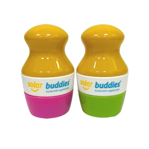 Duo Green Pink Pack Of Solar Buddies Refillable Roll On Sponge Applicator For Kids, Adults, Families, Travel Size Holds 100ml Travel Friendly for Sunscreen, Suncream and Lotions