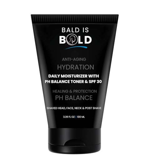 Image of BALD IS BOLD Daily Moisturizer with pH Toner & SPF 30 For Bald & Bold Head | Shaved Head & Bald Head Care| Healing & Protective, Hydrating, Non-Greasy, Lightweight Face & Scalp Cream | Reduces Wrinkles, Fine Lines, Dryness, Razor Bumps | Soothing Post-Shave Care for Bald Head | Anti-Aging & Sun Protection | Infused With Hyaluronic Acid, niacinamide, salicylic acid, Vitamin B5, Vitamin B3, Vitamin E, SPF 30, Witch Hazel,Goji Berry Extracts, Honey Extract, Apple Cider Vinegar, Sea Buckthorn, Shea & Cocoa Butter.100ml