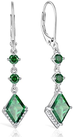 RGEMCY 925 Sterling Silver Long Dangle Earrings - Elegant Wedding Bridal Rhombus Cubic Zirconia Leverback earrings gifts for women（Emerald）