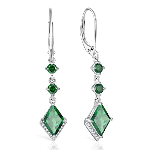 Rgemcy 925 Sterling Silver Long Dangle Earrings - Elegant Wedding Bridal Rhombus Cubic Zirconia Leverback Earrings Gifts For Women（Emerald） #TOP15