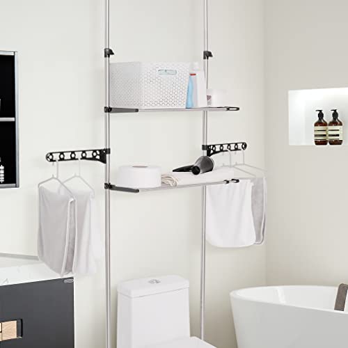 Verstellbares Teleskop-Badregal – 2-stöckiges Metallregal für über der Toilette, Boden-zu-Deckenregal mit Aufhängerhaken