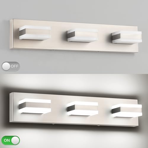Image of SOLFART Vanity Lighting Over Mirror, 3 Lights Brushed Nickel Bathroom Light, Modern LED Light Fixtures, 5 Color Temperature Adjustable Modern Light for Bathroom ETL Listed