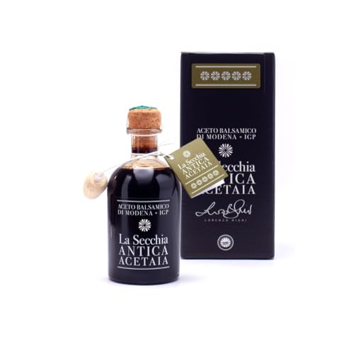 ⌛ INVECCHIAMENTO: L'aceto balsamico IGP 5 stelle ha un'acidità massima del 6% e presenta un delicato equilibrio tra morbidezza e freschezza. Inoltre, la Bottiglia da 250 ml è dotata di tappo dosatore in Sughero.
