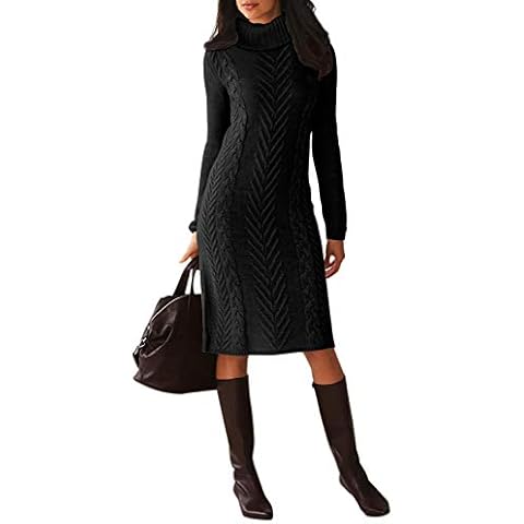 AlvaQ Womens Winter Knitted Dress Long Jumper Turtule Neck Sweater Knitwear Dresses Long Sleeves Bodycon Cable Knit Thick Mini Sweater Casual Tunic Pullover Knitwear,Black UK 6-8 Cover