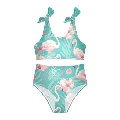 KLL Pink Flamingo Pattern on Green Background Girls Two Piece Bikini Sets Scoop Neck Bathing Suit Swimming Suits Cute3