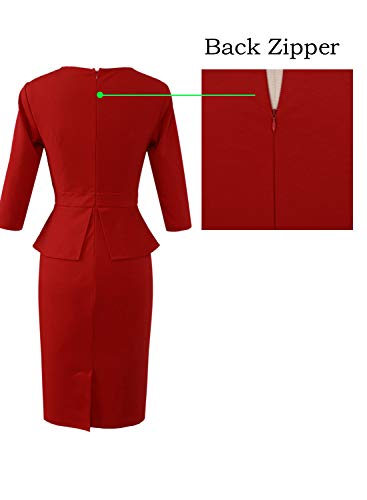 Image of VFSHOW Womens Pleated Crew Neck Peplum Slim Work Business Dress Elegant 3 /4 Sleeves Office Church Bodycon Pencil Sheath Dress