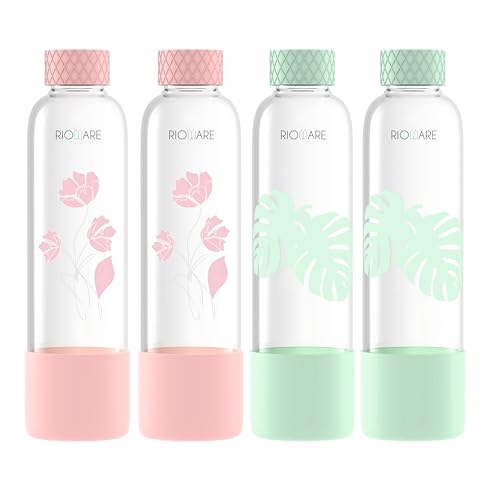 Image of Rioware Purifa Pro Borosilicate Glass Water Bottle With Silicon Sleeve (750Ml) | Airtight Lid | Leak Proof | Silicon Cap | Fridge Water Bottles For Home, Office & Gym -Pack Of 04, Pink&Green